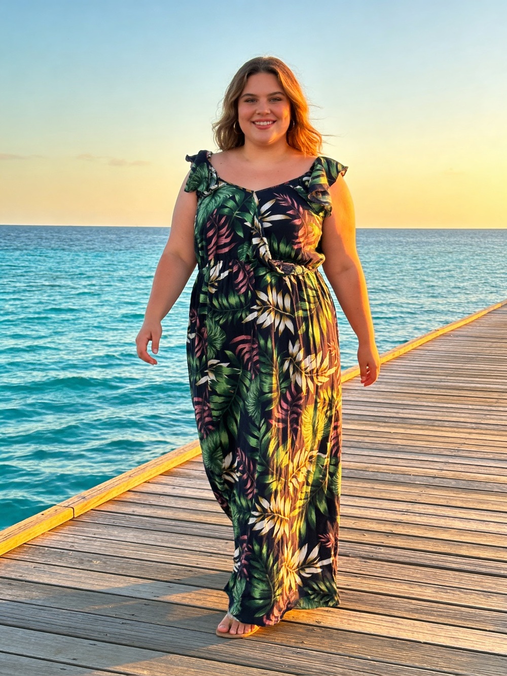 Tropical Leaf Plus-Size Maxi Dress